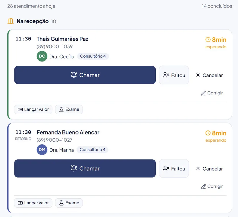 Tela de check-in com os pacientes na recepção e o tempo de espera de cada um